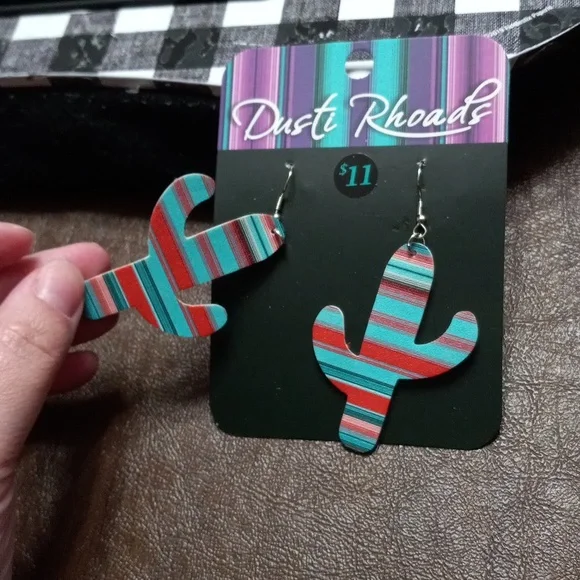 Serape Pleather Cactus Earrings - Picture 5 of 5